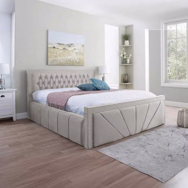 Desire Deco Chesterfield Upholstered Fabric Bed Frame in Silver, W/D/H: 180 x 200 cm