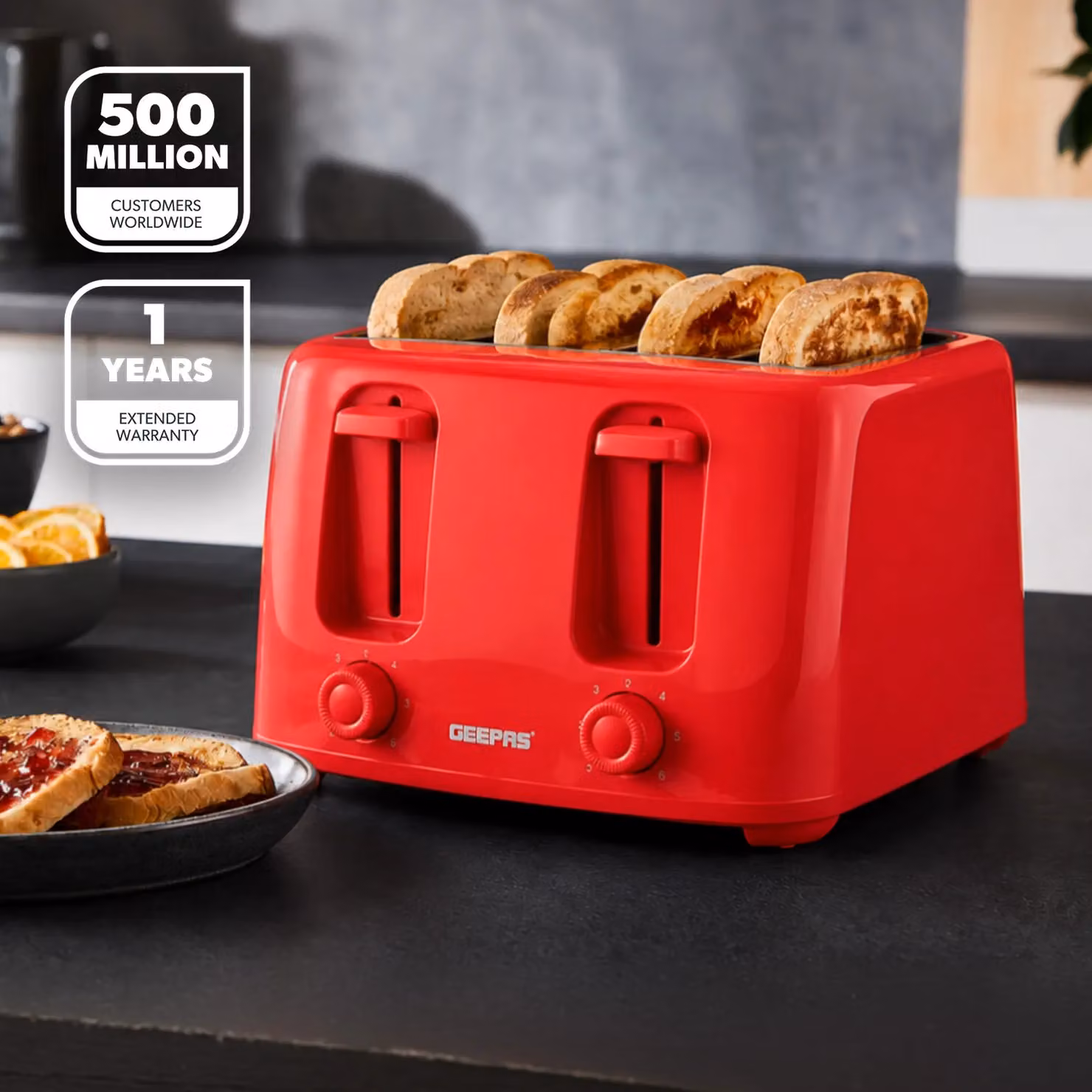 Geepas 4 Slice Toaster 1400W in Red with Cable Storage – 2