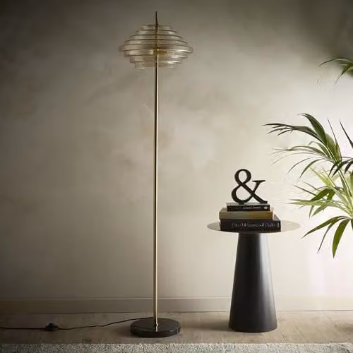 K LIVING Aspen Suspended Pendant Light in Gold/Brass and Amber Transparent Glass with Marble Details – 1