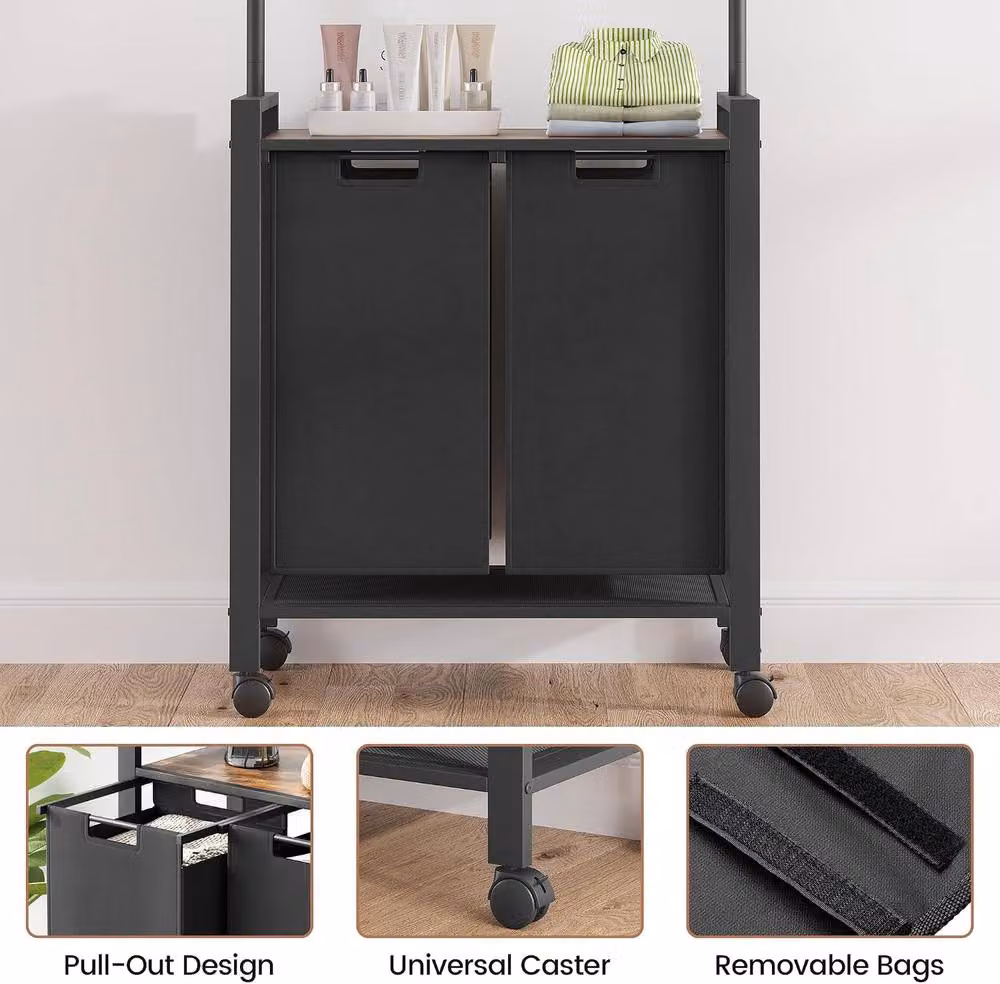 London Boutique Mobile Laundry Sorter Hamper Rack with Hanging Rod and Baskets in Black and Multicolour – 4