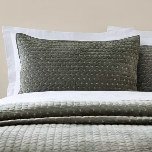 Bianca Attica Velvet Embroidered Pillow Sham Pair in Green, W: 50 cm, H: 75 cm