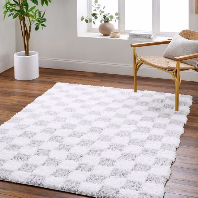 Livabliss Urban Checkerboard Shag Modern Plush Pile Living Room Rug in Light Grey, W: 80 cm, L: 220 cm