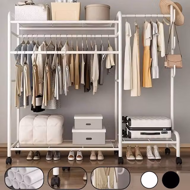 FLAVORA White Heavy Duty Double Clothes Rail Hanging Rack with Continuous Linear Rail