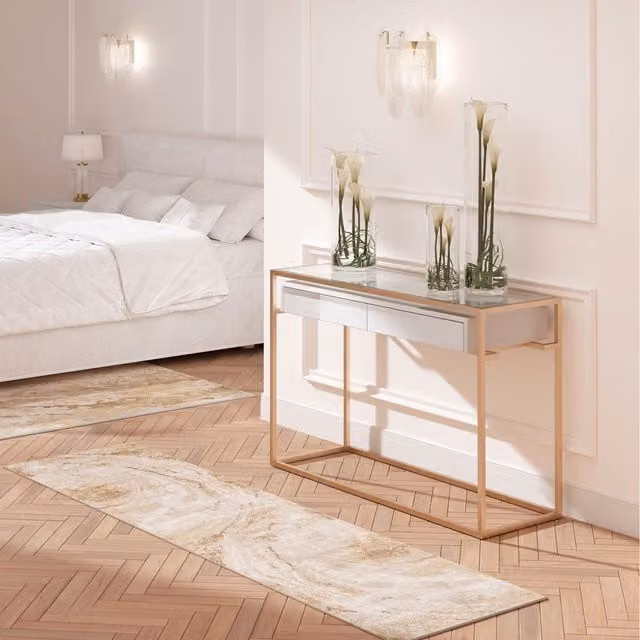 The Rug House Distressed Galaxy Marble Effect Living Area Rug in Beige, W: 240 cm, D: 70 cm