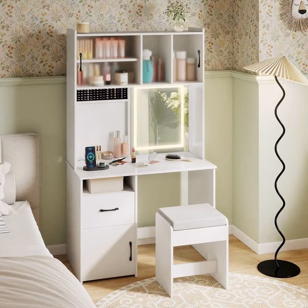Costway Modern White Vanity Desk with Hollywood LED Mirror and Power Outlets – 3