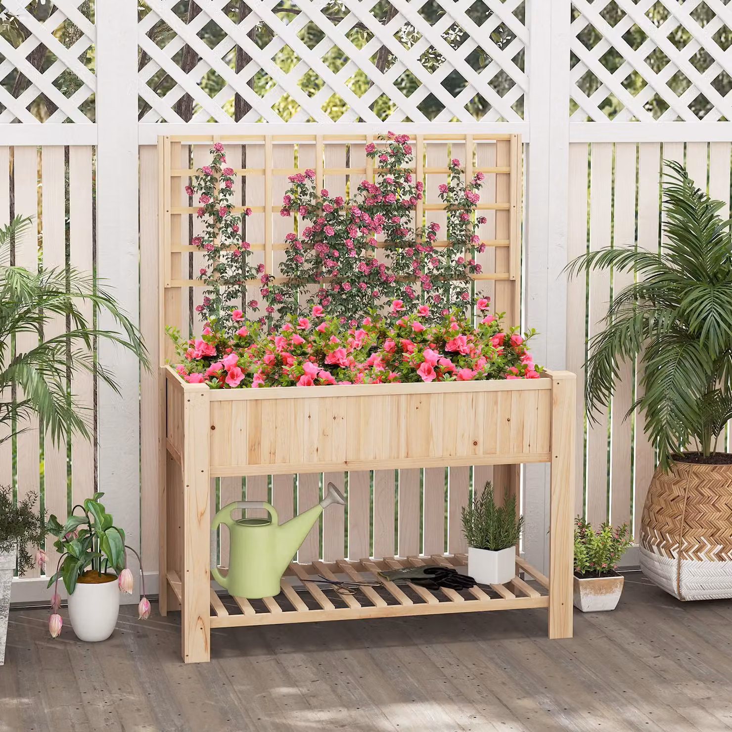Gymax Wooden Elevated Planter Box with Trellis and Shelf in Beige – 7