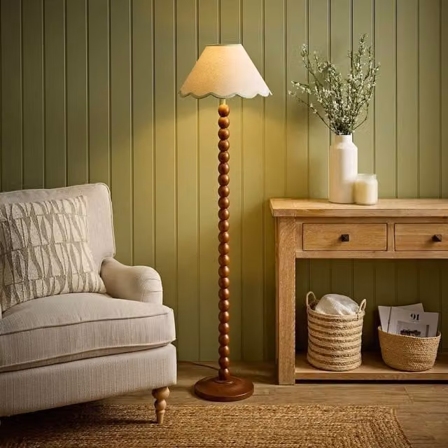 Bobbin Colour Trim Linen Shade Bobble Floor Lamp in Walnut Green and Beige with Wood Base
