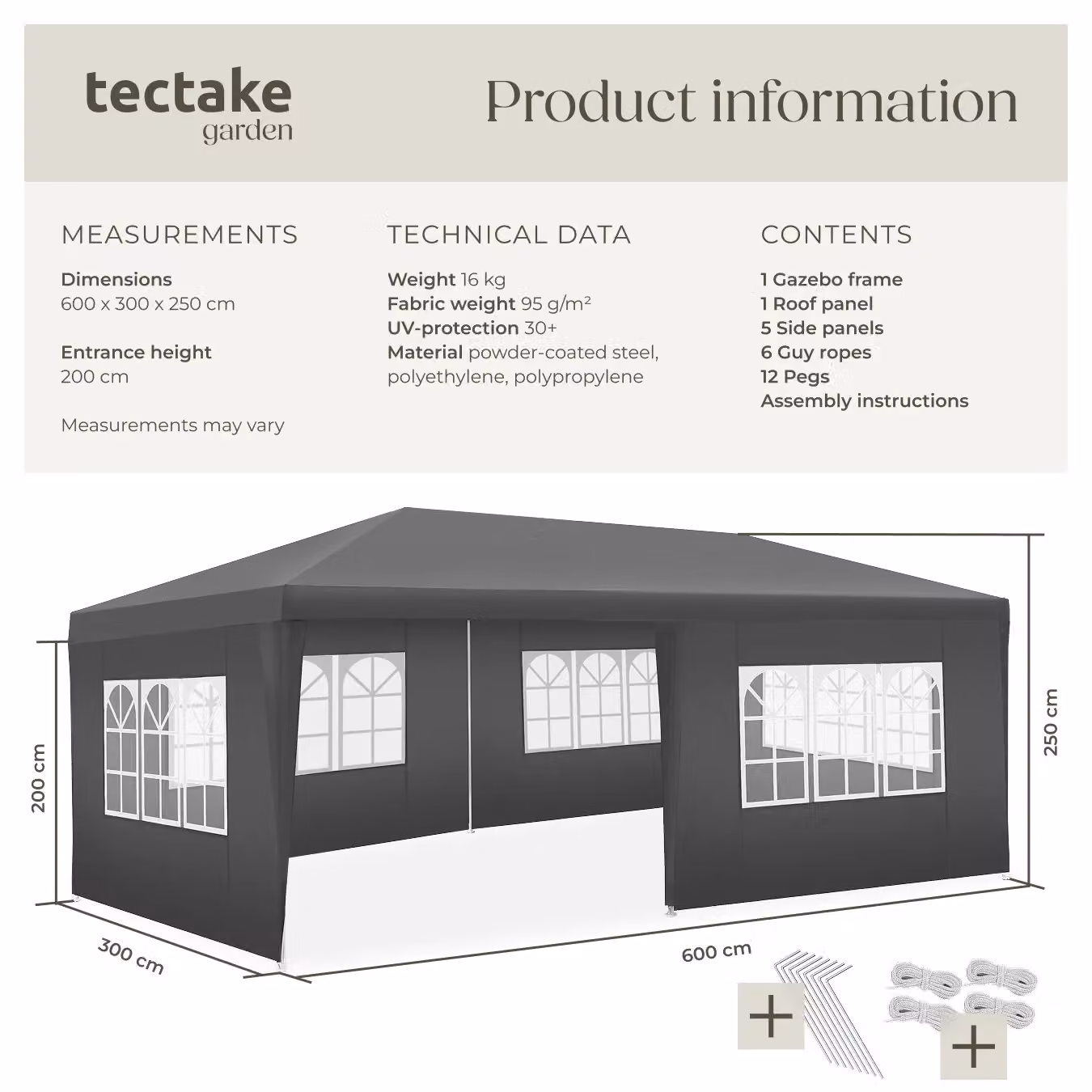 tectake Gazebo Novara in Grey with 5 Side Panels and Windows, W/D/H: 600 x 300 x 250 cm – 6