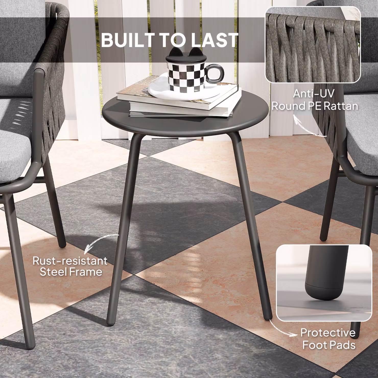 Outsunny 3-Piece Rattan Bistro Set with Round Table and Chairs in Grey – 6