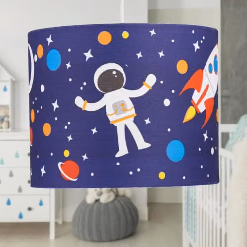 First Choice Lighting Set of 2 Blue Space Rocket Fabric Easy Fit Light Shades, Diameter: 25 cm – 5