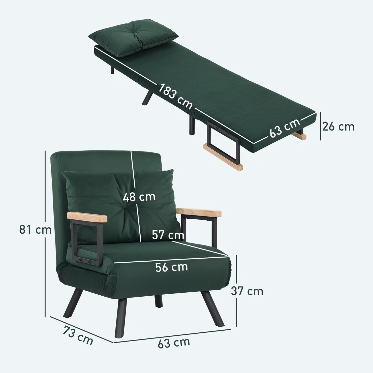 HOMCOM 4-in-1 Green Velvet Single Chair Bed with Armrests and Pillow – 3