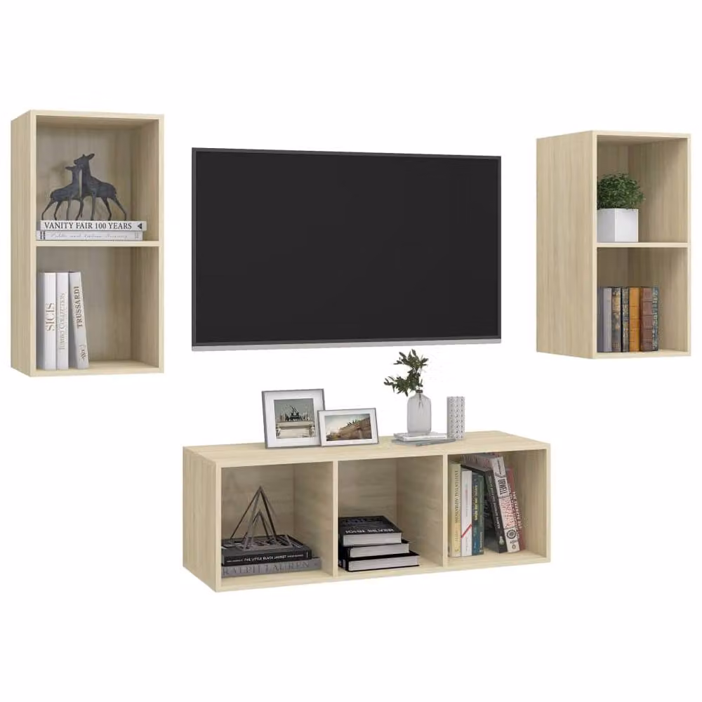 Berkfield Home 3 Piece Sonoma Oak TV Cabinet Set in Light Tan Beige – 3
