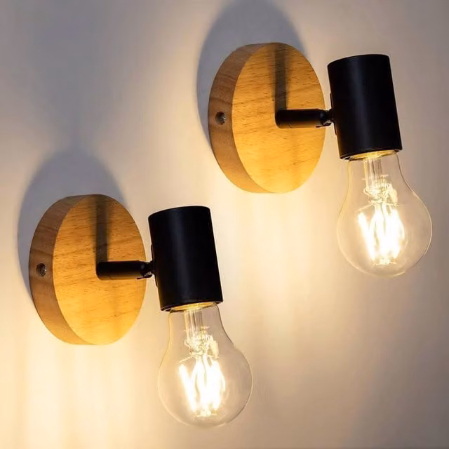 COMELY 2 Pack Vintage Wood and Metal Indoor Wall Lights in Black with E27 Socket