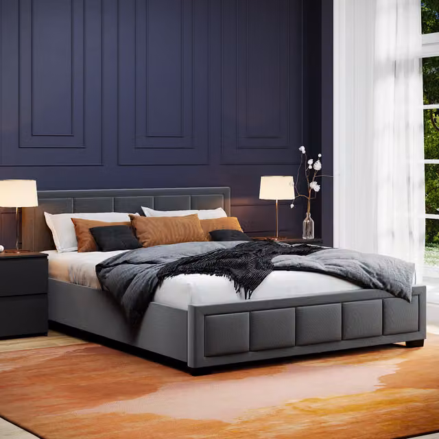 Vida Designs Vanita Upholstered Fabric Bed and Mattress in Dark Grey, W/D/H: 180 x 200 cm