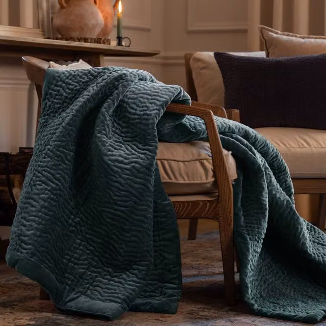 Voyage Maison Haze Quilted Cotton Velvet Throw in Blue, W: 140 cm, D: 200 cm