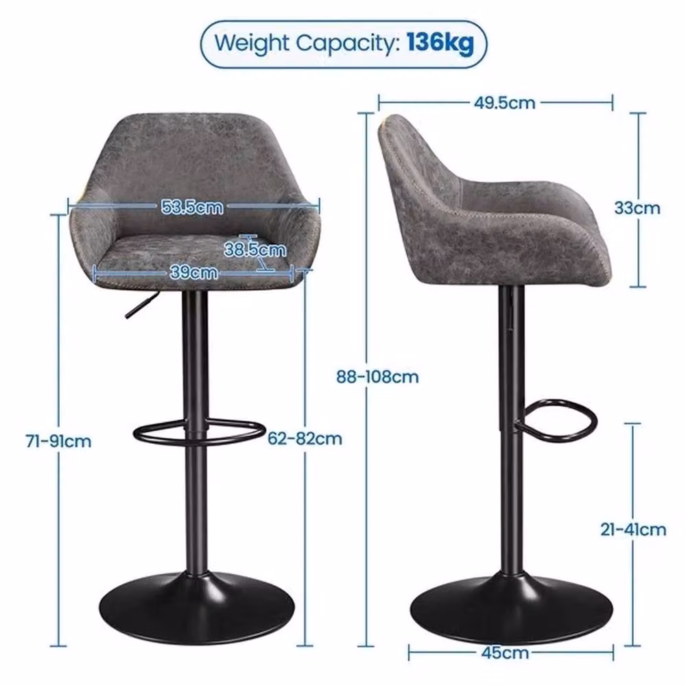Kelvenix Set of 2 Height Adjustable Modern Bar Stools with Armrests in Grey Synthetic Leather – 2