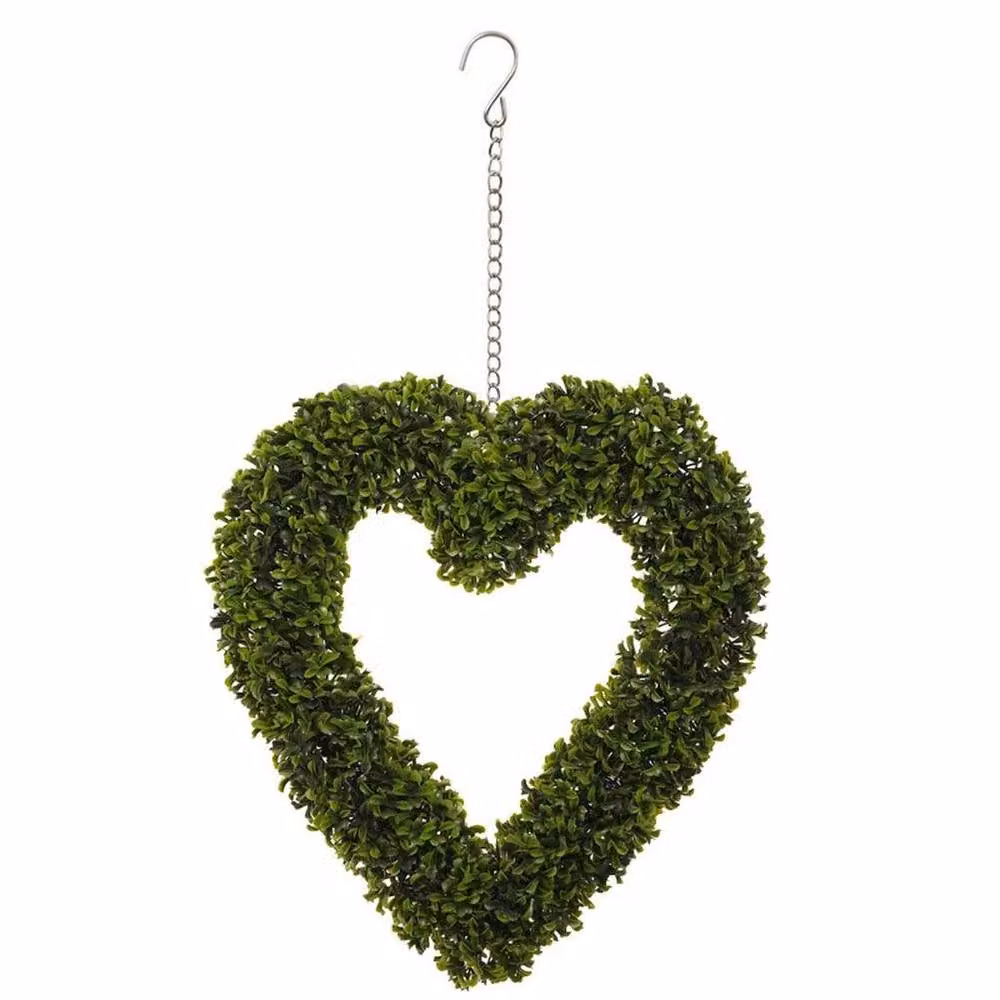 FLAVORA Green Artificial Boxwood Foliage Heart Topiary Hanging Wreath – 4