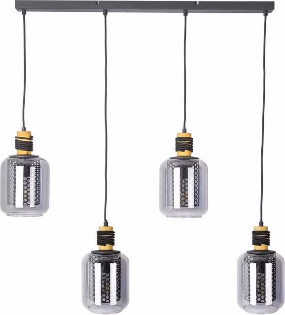 Netlighting Ando Bar Pendant Ceiling Light in Black and Wood with Grey Glass Shades, 4x E27