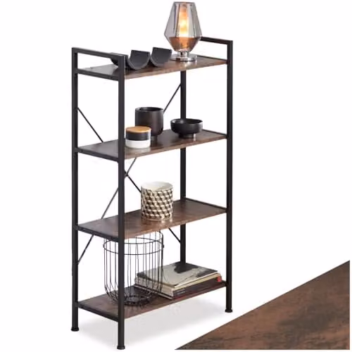 tectake 4-Tier Shelving Unit with Adjustable Wood-Look Shelves and Steel Frame in Dark Wood and Black, W/D/H: 121.5 x 15.0 x 67.5 cm – 1