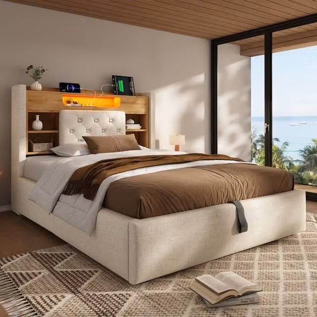 Rolipo Double Bed with Storage, Beige Linen Upholstered Bed Frame with LED Lighting and USB Charging Ports, W/D/H: 140 x 200 x 135 cm