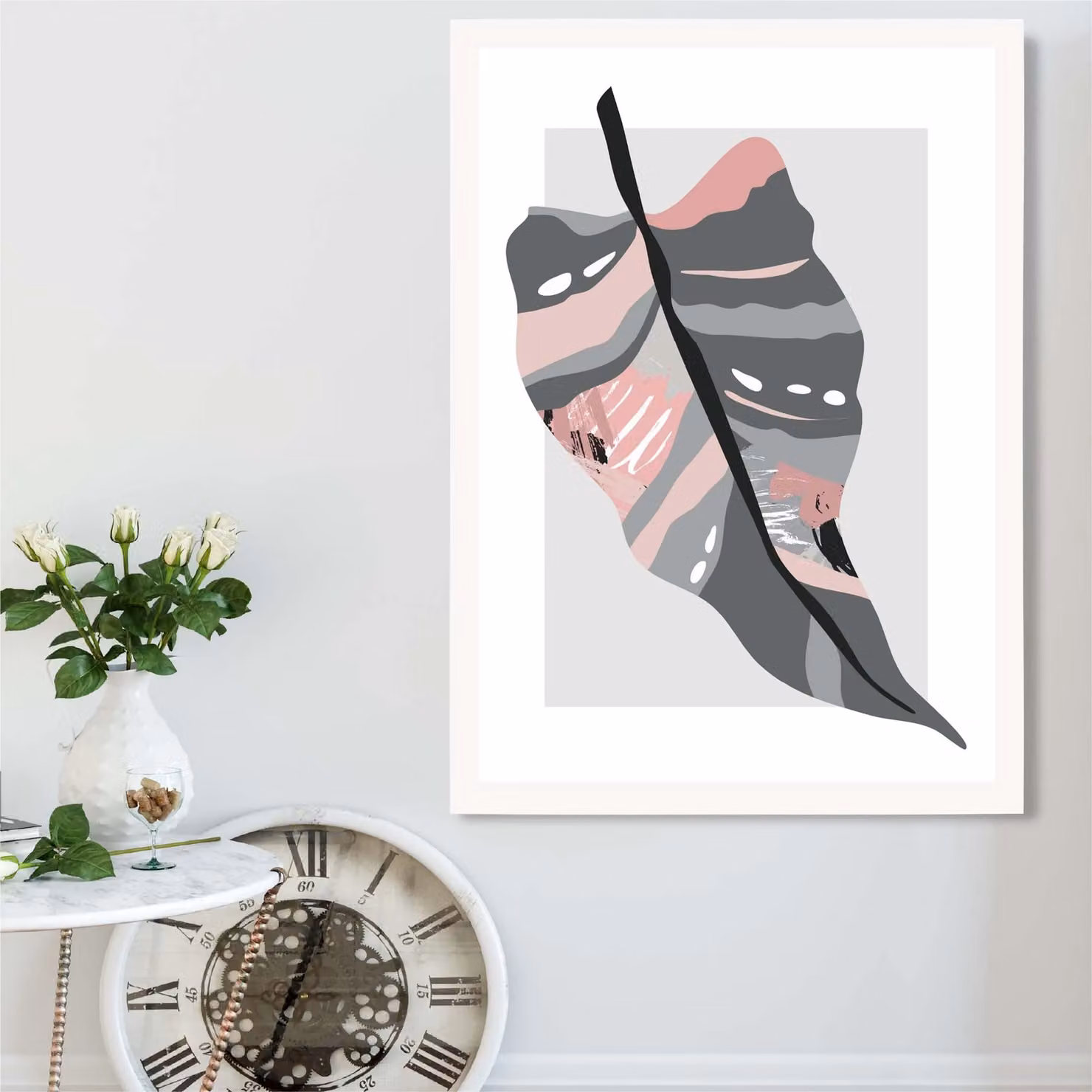 ARTZE Tropical Palm Boho Botanical Framed Print in Grey and Pink with White Frame, A3 – 2