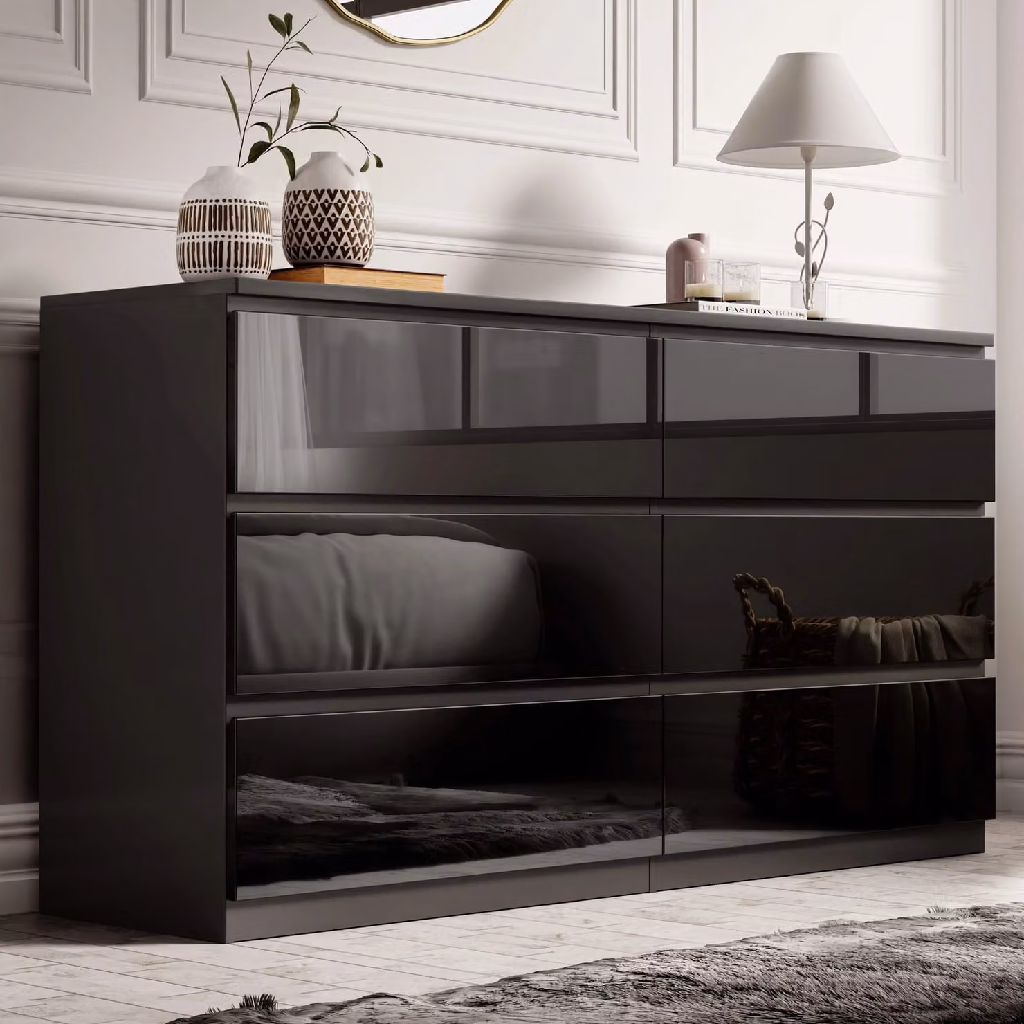 DHS High Gloss 6 Drawer Chest of Drawers in Black, Grey or White, W/D/H: 120 x 40 x 77 cm