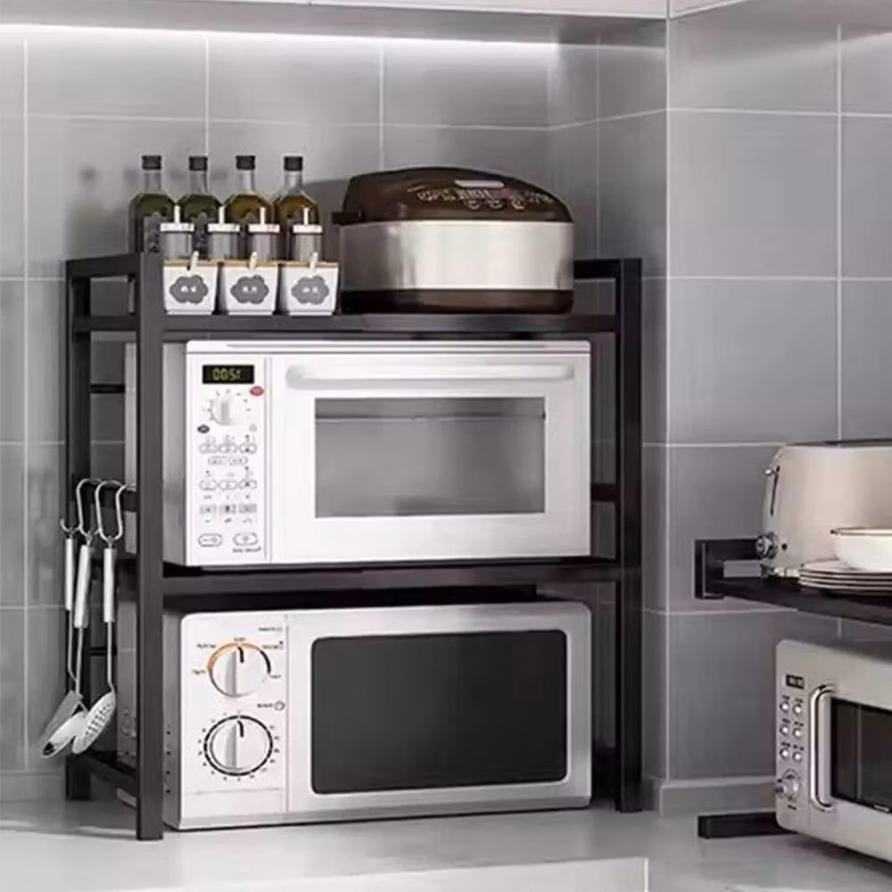 FLAVORA 2-Tier Expandable Metal Microwave Oven Rack in Black with Adjustable Shelves – 5