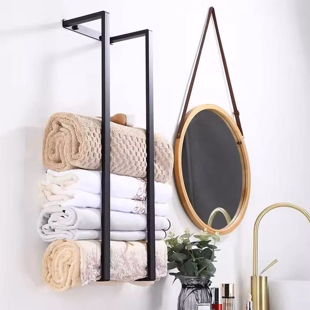 KORVIXA Wall Mounted Metal Towel Rack and Storage Shelf in Matt Black, W: 80 cm, H: 50 cm, D: 50 cm – 3
