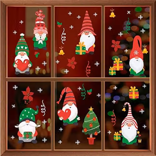 WALPLUS Christmas Gnomes and Snowflakes Window Stickers, 63-Piece Multicolour Reusable and Removable Set – 1