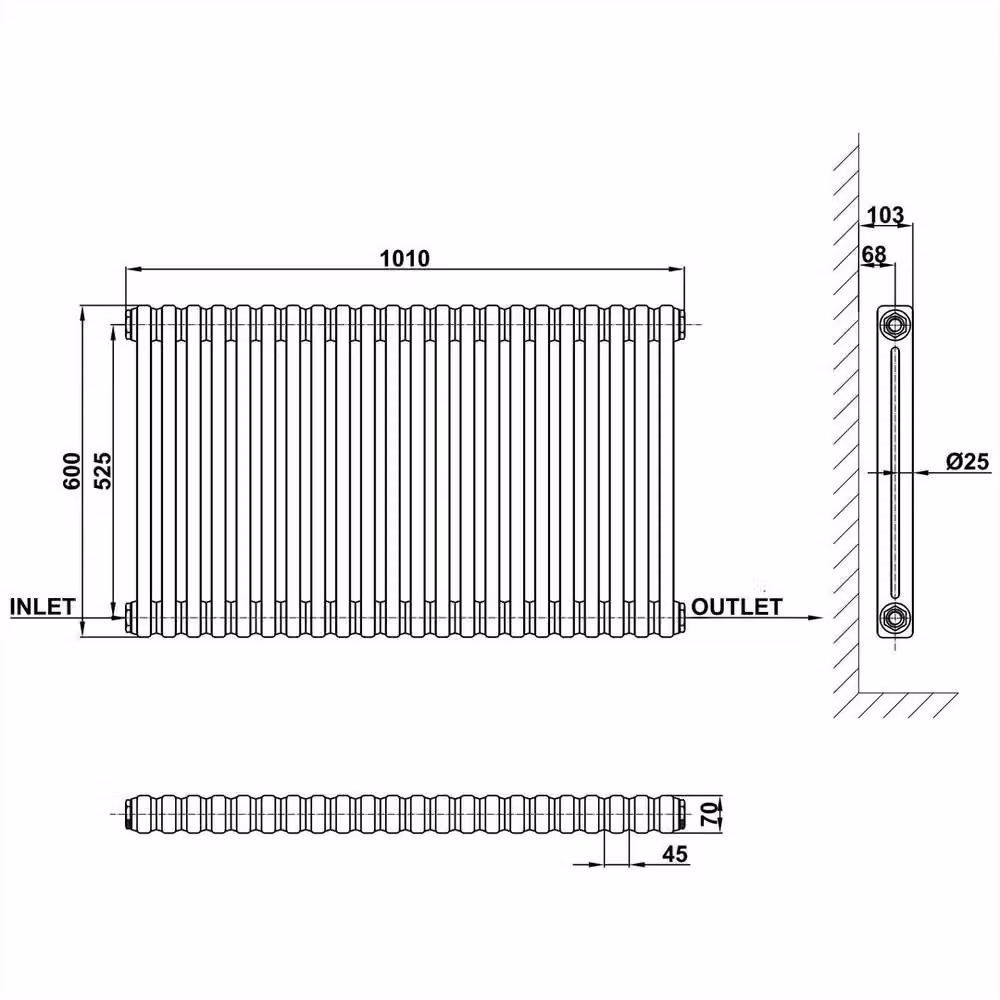 Hinsinc 2 Column Horizontal Steel Radiator, White, W/H: 1010 x 600 mm