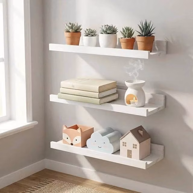 PAWNORA Set of 3 White Rustic Wood Floating Wall Shelves – 1