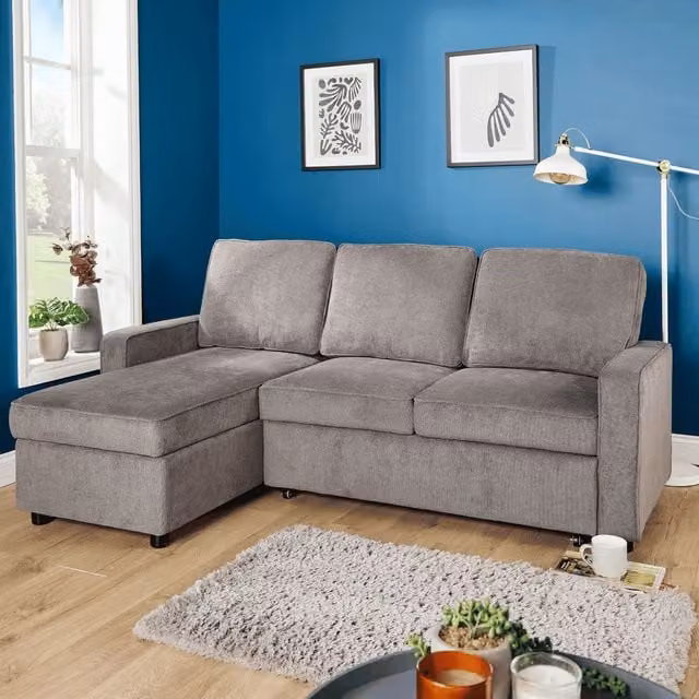 Home Source Reversible L-Shape Sectional Corner Sofa Bed in Grey Fabric with Pull-Out Drawer, W/D/H: 207 x 138 x 91 cm – 1