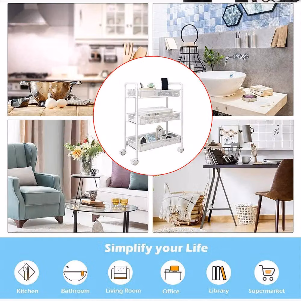 Xample 3 Tier Metal Storage Trolley Cart on Wheels in White – 3