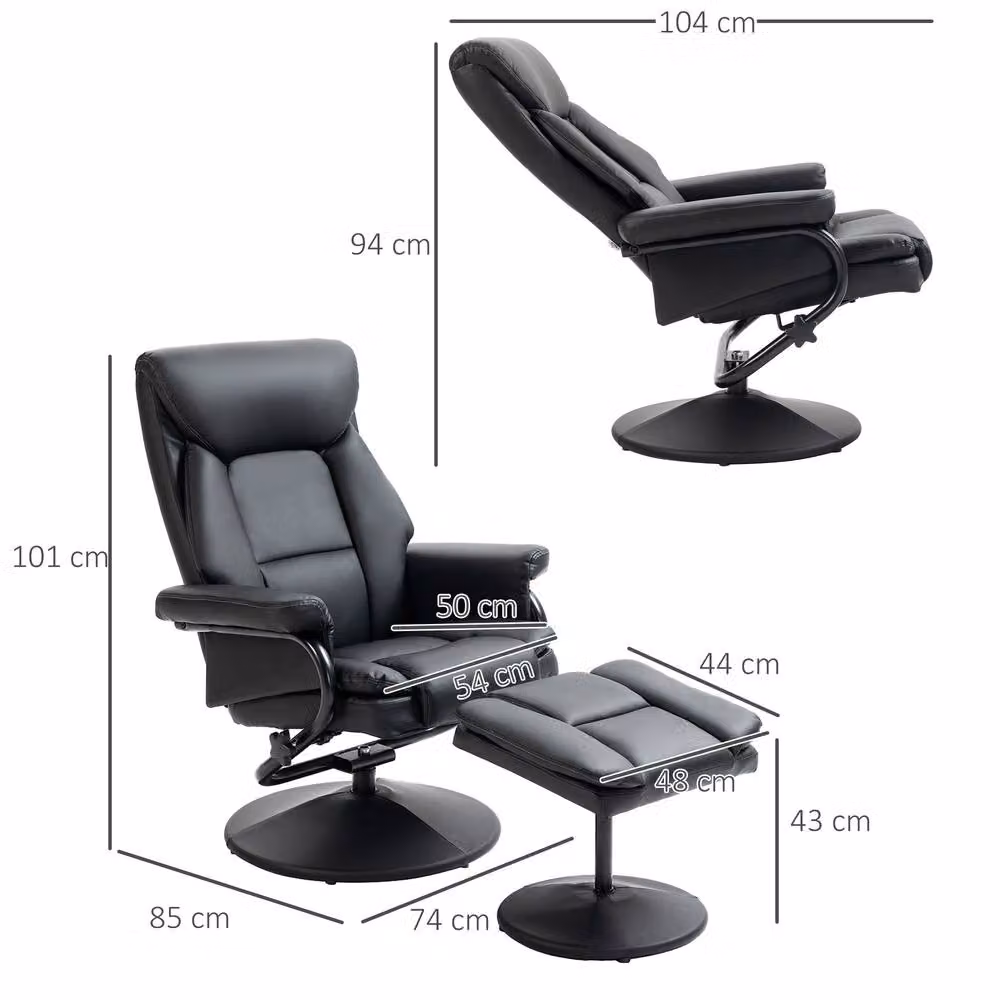 STILVORA Black Synthetic Leather Recliner Chair with Matching Footstool and 360 Degree Swivel Function – 3