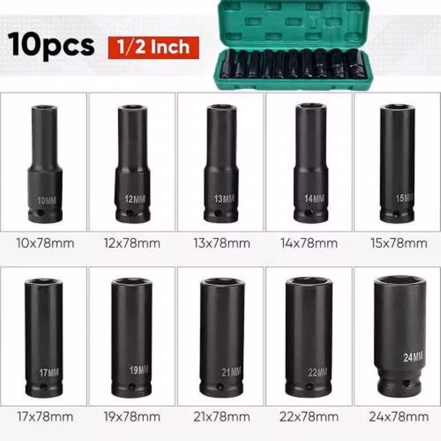 NESTLUNE 10-Piece 1/2 Inch Drive 6PT Metric Deep Impact Socket Set, 10-24mm, Black – 1