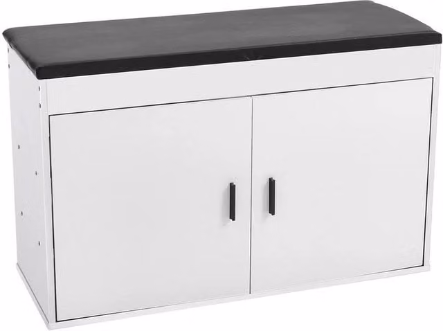 FORGEVIO Industrial Shoe Rack and Hallway Storage Bench in White and Black with Synthetic Leather Seat – 1