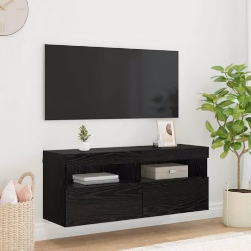 vidaXL Modern Wall-Mounted TV Cabinet in Black Matt MDF with Integrated Lighting and Internal Shelves, W/D/H: 100 x 40 x 40 cm – 2