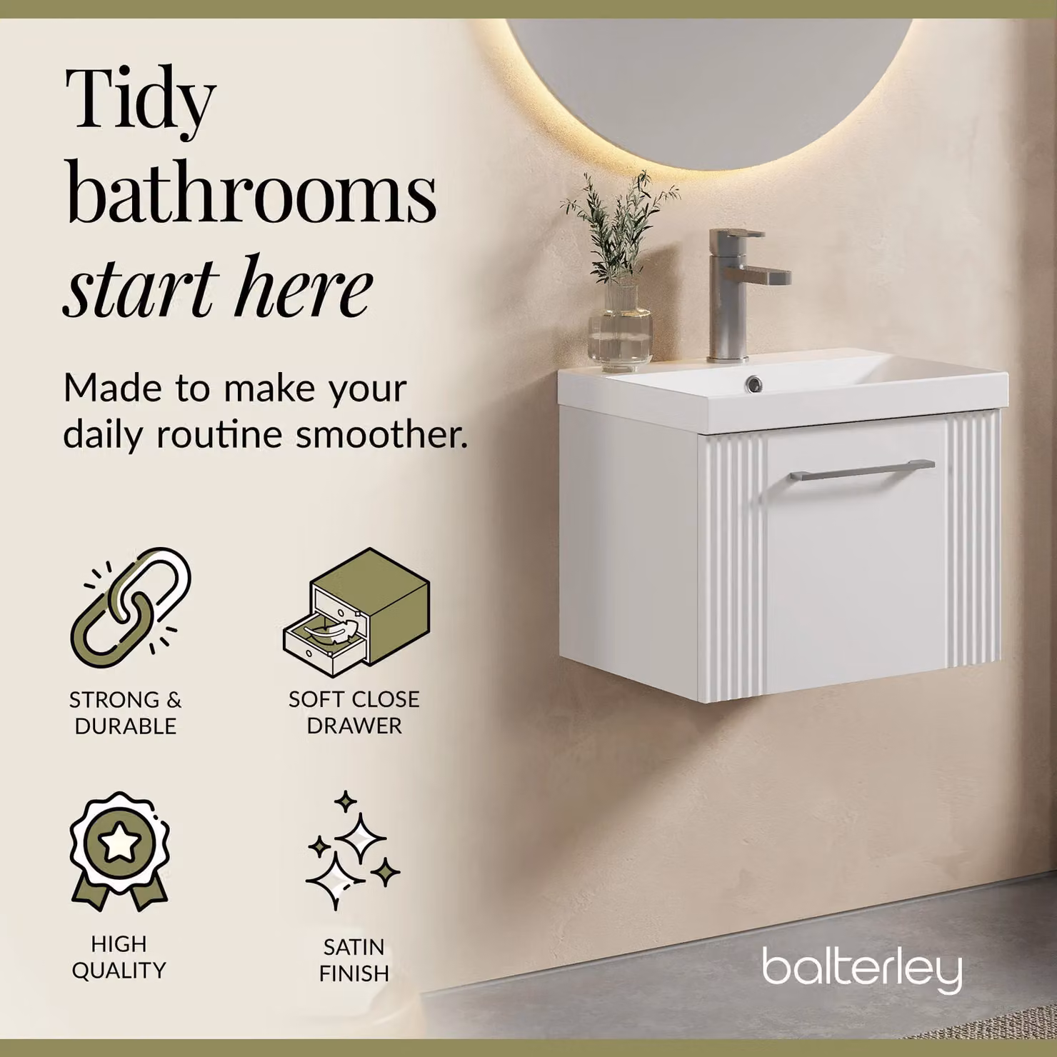 Balterley Wall Hung Single Drawer Vanity Unit with Thin Edge Basin, White, W/D/H: 51.0 x 39.0 x 40.9 cm – 2