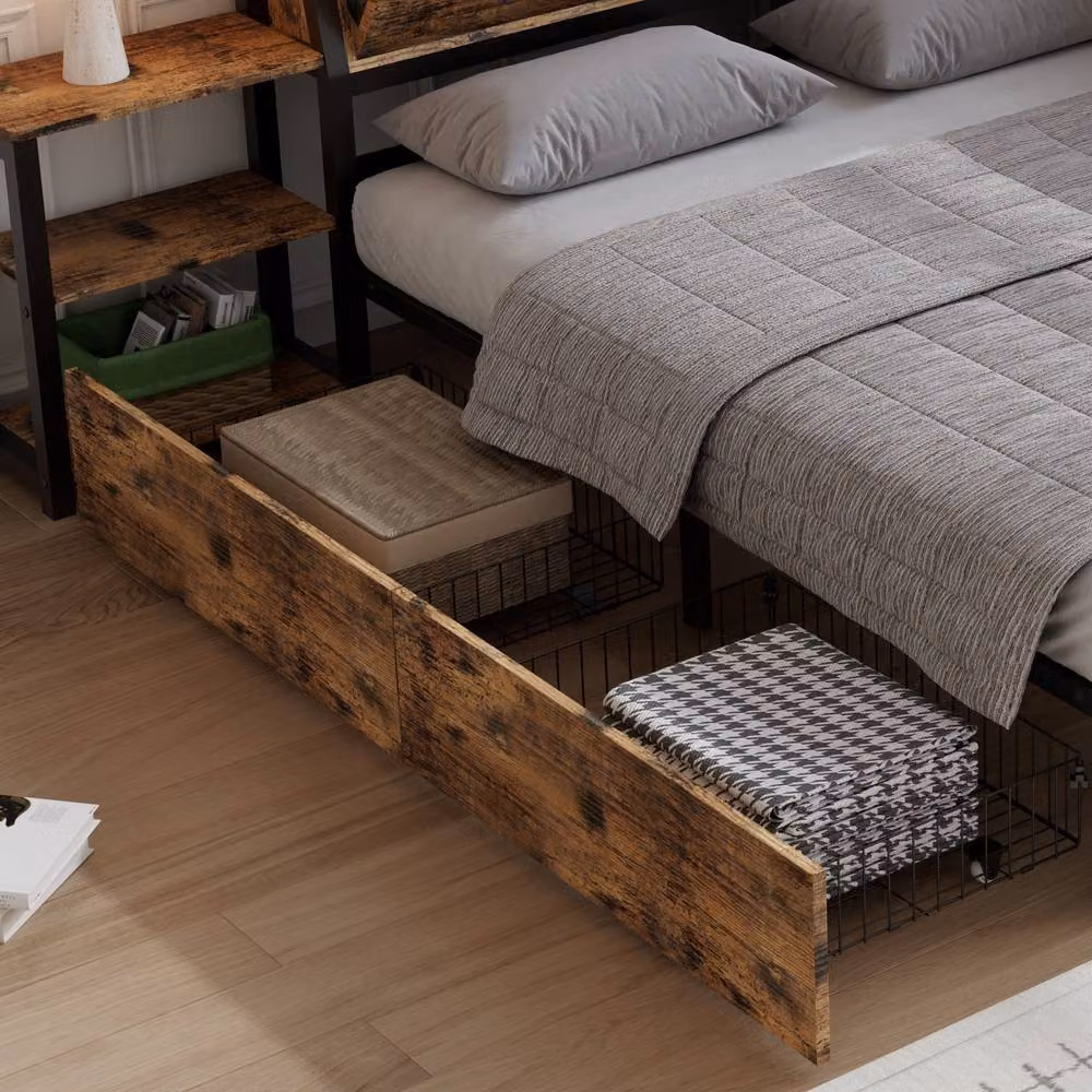BTM Modern Metal Double Bed Frame with Storage Drawers, Brown, W/D/H: 140 x 200 x 85 cm – 4