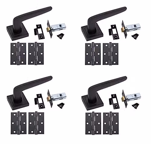 Golden Grace Venus Door Handles with Latch on Square Rose in Matt Black, 4 Sets – 1