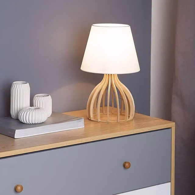 Wyld and Coco Modern Table Lamp with Brown Wood Base and White Fabric Shade – 1