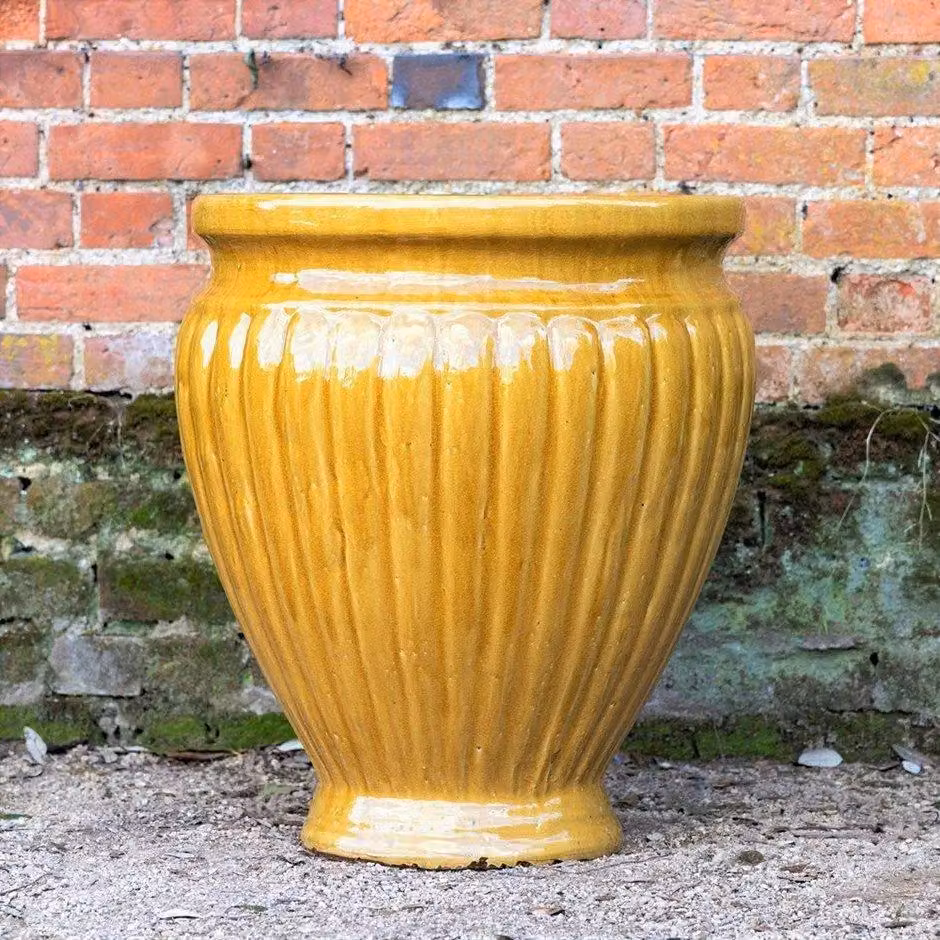 Primrose Rib Textured Glazed Terracotta Round Planter in Gloss Yellow, Diameter: 65 cm – 2