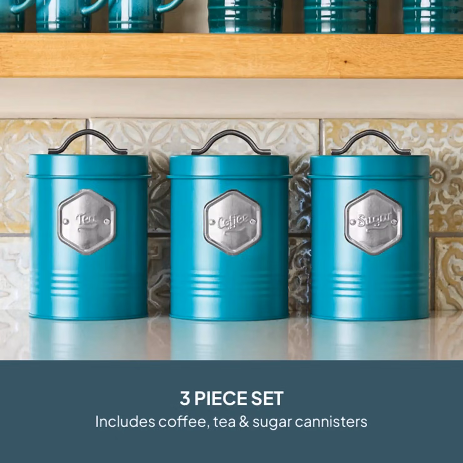Cooks Professional 3-Piece Tea, Coffee and Sugar Storage Canister Set in Petrol with Silver Labels – 4
