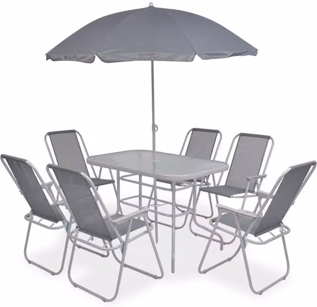 Berkfield Home 8 Piece Modern Outdoor Dining Set in Grey Steel and Textilene with Glass Top