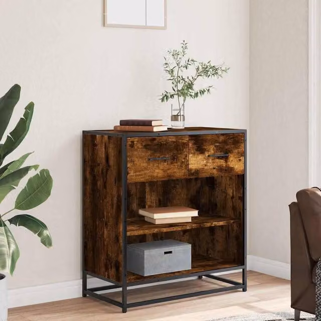 Berkfield Home Industrial Sideboard in Smoked Oak and Brown, W/D/H: 68 x 35 x 76 cm