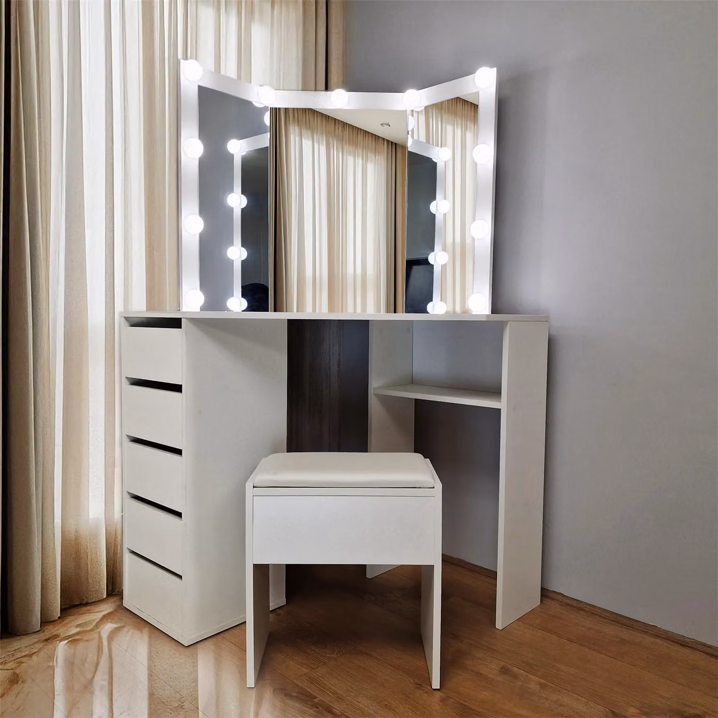KOSY KOALA White Corner Dressing Table with LED Mirror and Stool Makeup Vanity Set – 2