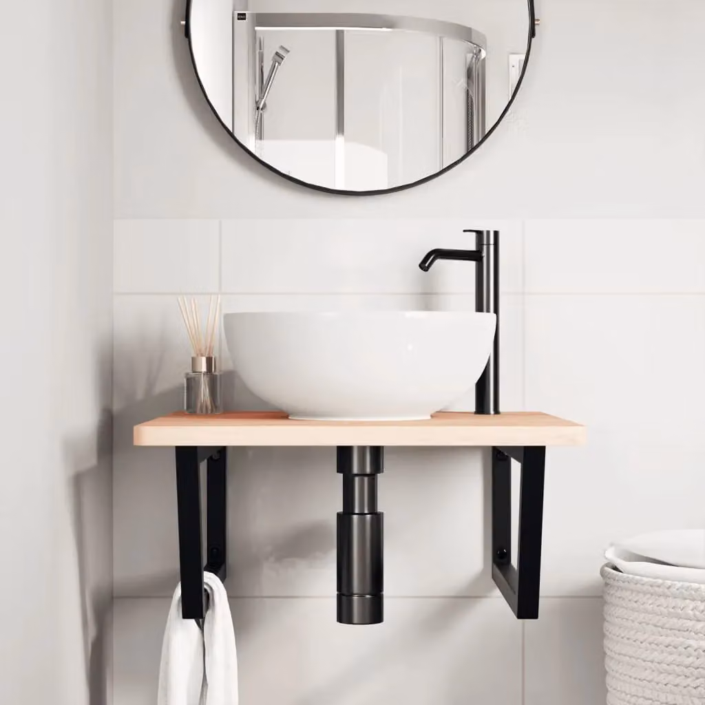 Berkfield Home Wall Mounted Basin Shelf in Brown Steel and Solid Beech Wood – 2