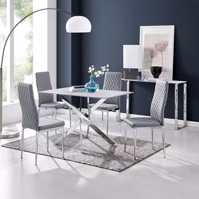 FurnitureboxUK Leonardo White Glass Marble Effect Dining Table with 4 Milan Chairs in Grey and Silver