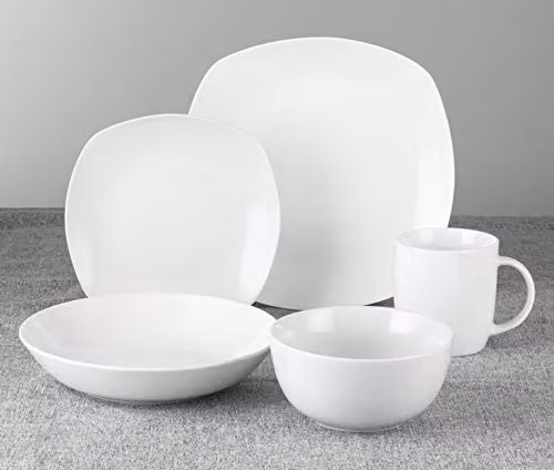 Waterside 30-Piece White Porcelain Dinner Set including 6 Square Dinner Plates, 6 Square Side Plates, 6 Shallow Bowls, 6 Deep Bowls and 6 Barrel Mugs – 2
