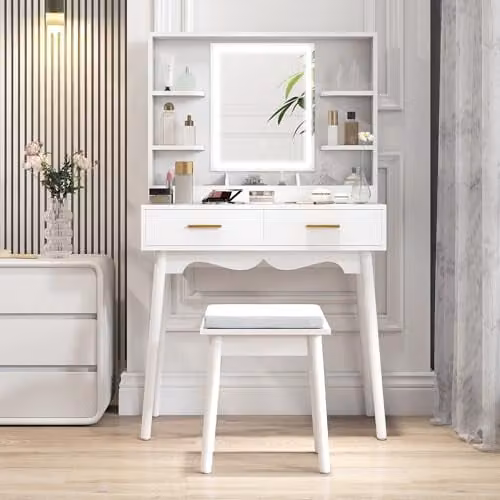 HOMCOM Modern White and Gold Dressing Table with Hollywood LED Lighted Mirror and Stool, W/D/H: 137.5 x 80 x 40 cm – 1
